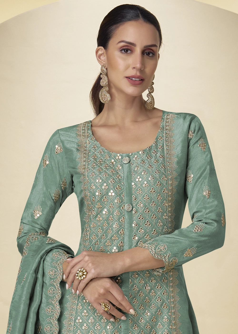 Caribbean Green Simar Silk Palazzo Suit – Luxe Embroidery