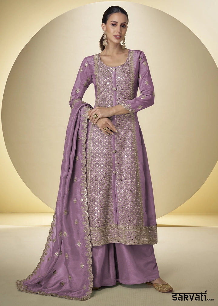 Deep Lilac Purple Simar Silk Palazzo Suit – Luxe Embroidery