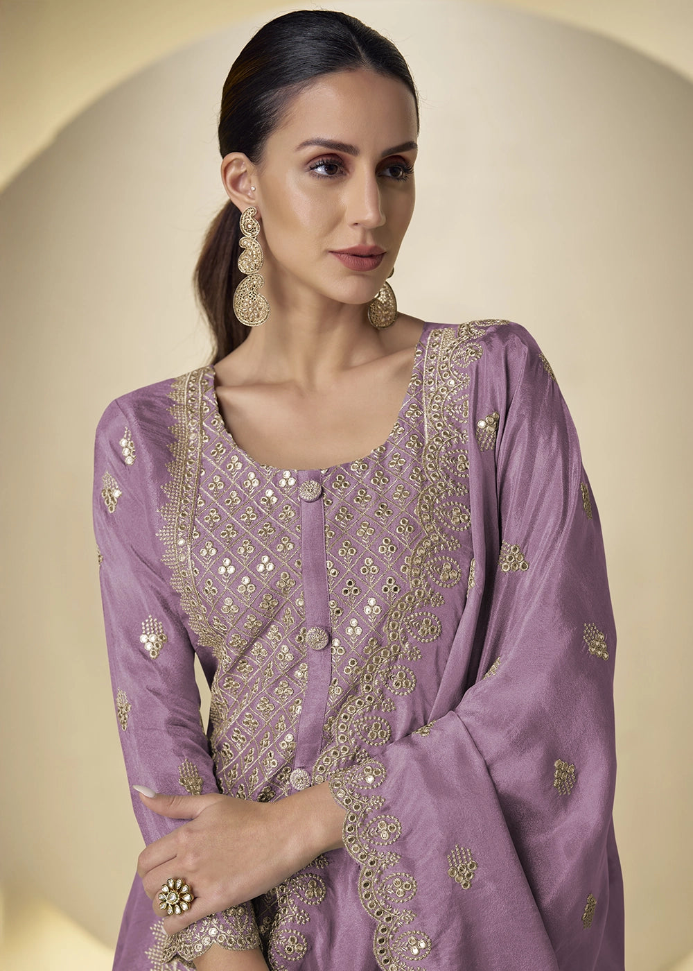 Deep Lilac Purple Simar Silk Palazzo Suit – Luxe Embroidery