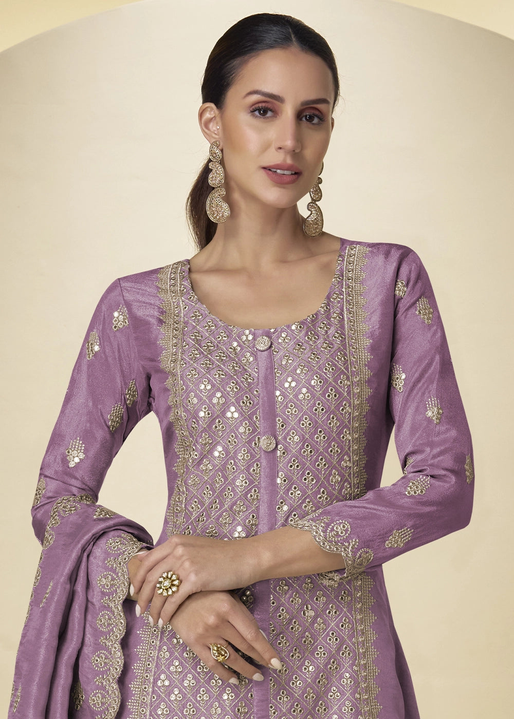 Deep Lilac Purple Simar Silk Palazzo Suit – Luxe Embroidery