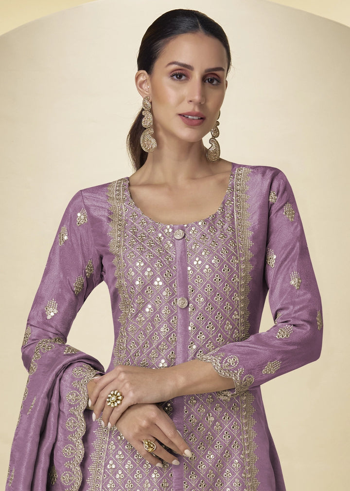 Deep Lilac Purple Simar Silk Palazzo Suit – Luxe Embroidery