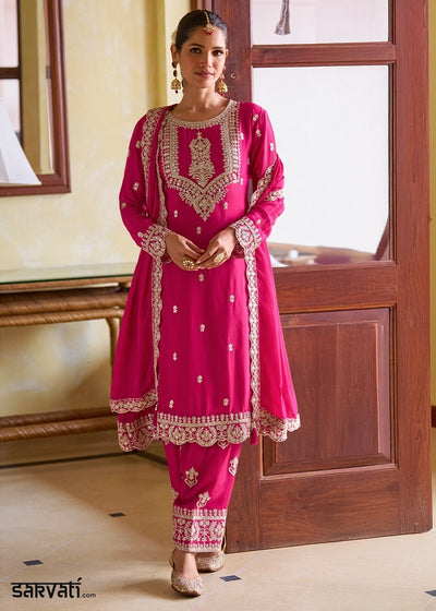 Magenta Pink Designer Chinon Silk Embroidered Palazzo Suit