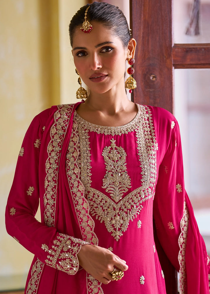 Magenta Pink Designer Chinon Silk Embroidered Palazzo Suit