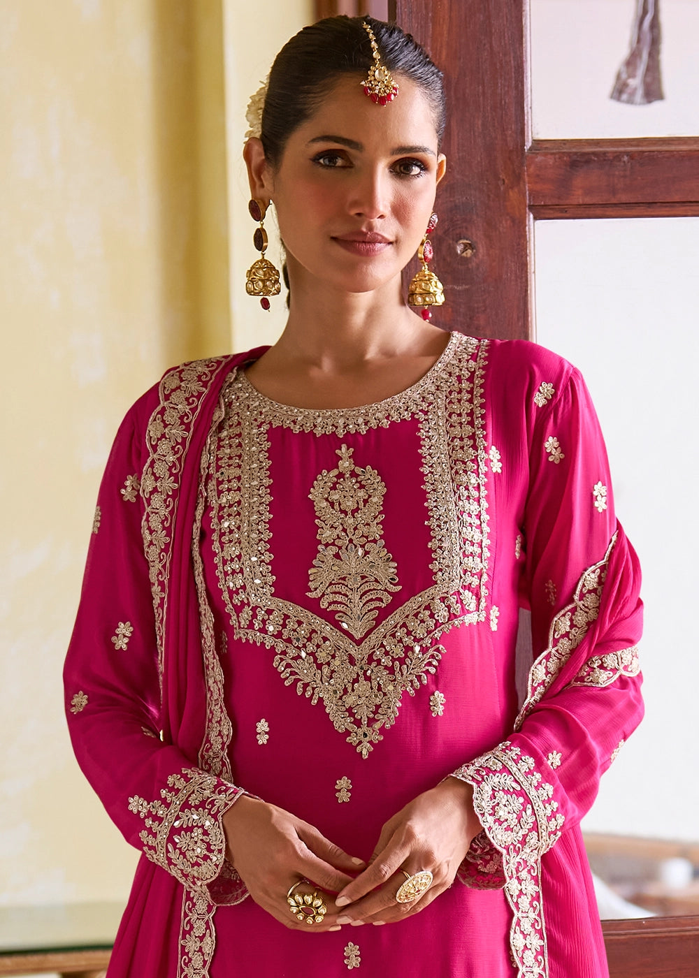 Magenta Pink Designer Chinon Silk Embroidered Palazzo Suit