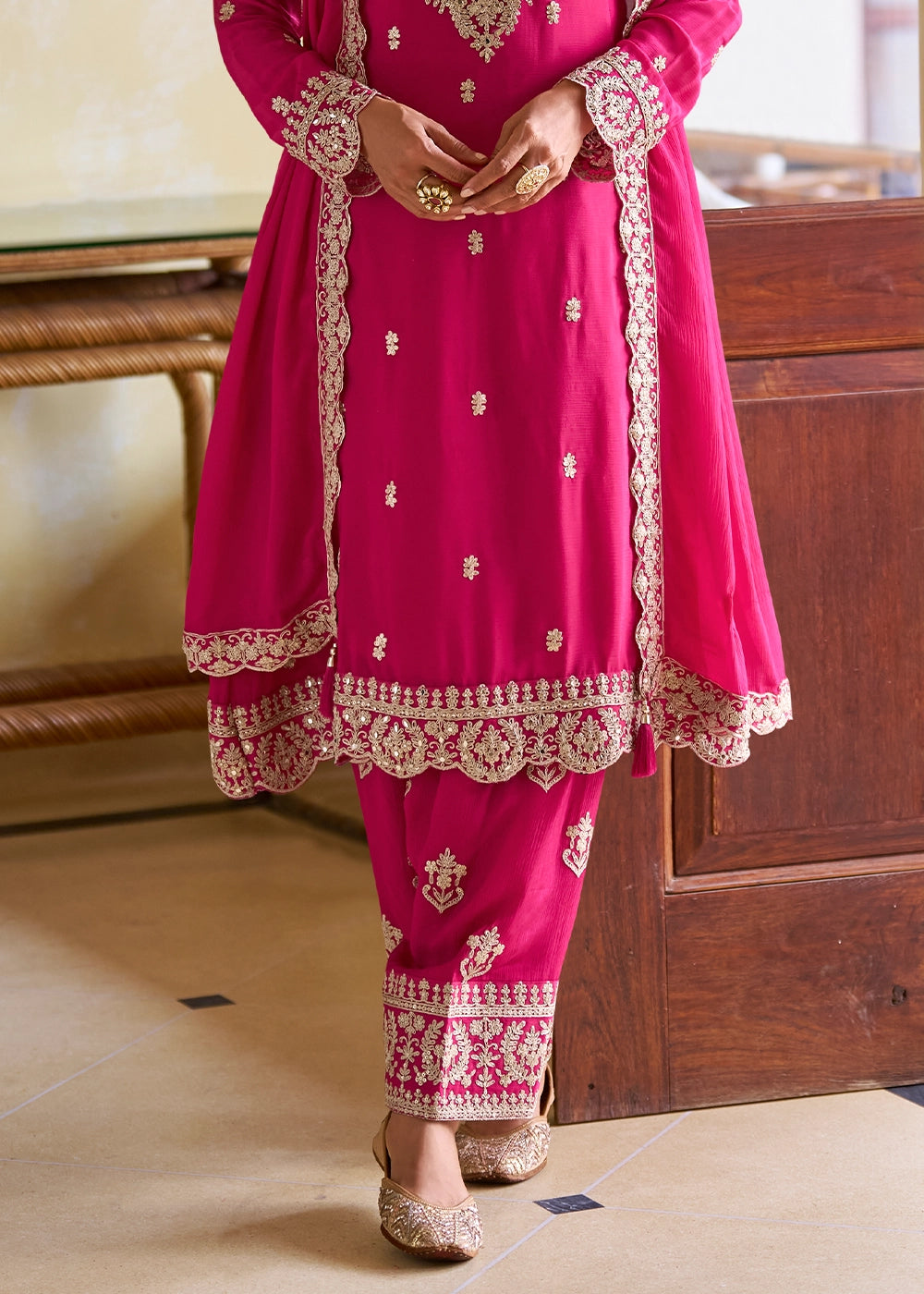 Magenta Pink Designer Chinon Silk Embroidered Palazzo Suit