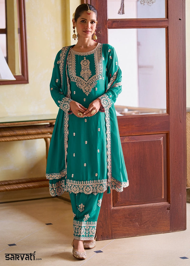 Tiffany Blue Designer Chinon Silk Embroidered Palazzo Suit