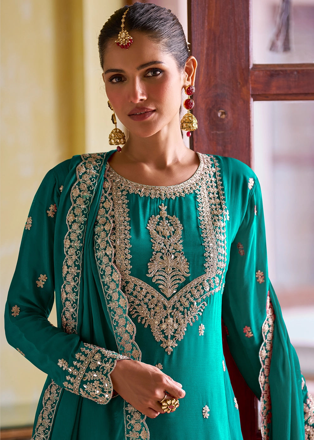 Tiffany Blue Designer Chinon Silk Embroidered Palazzo Suit