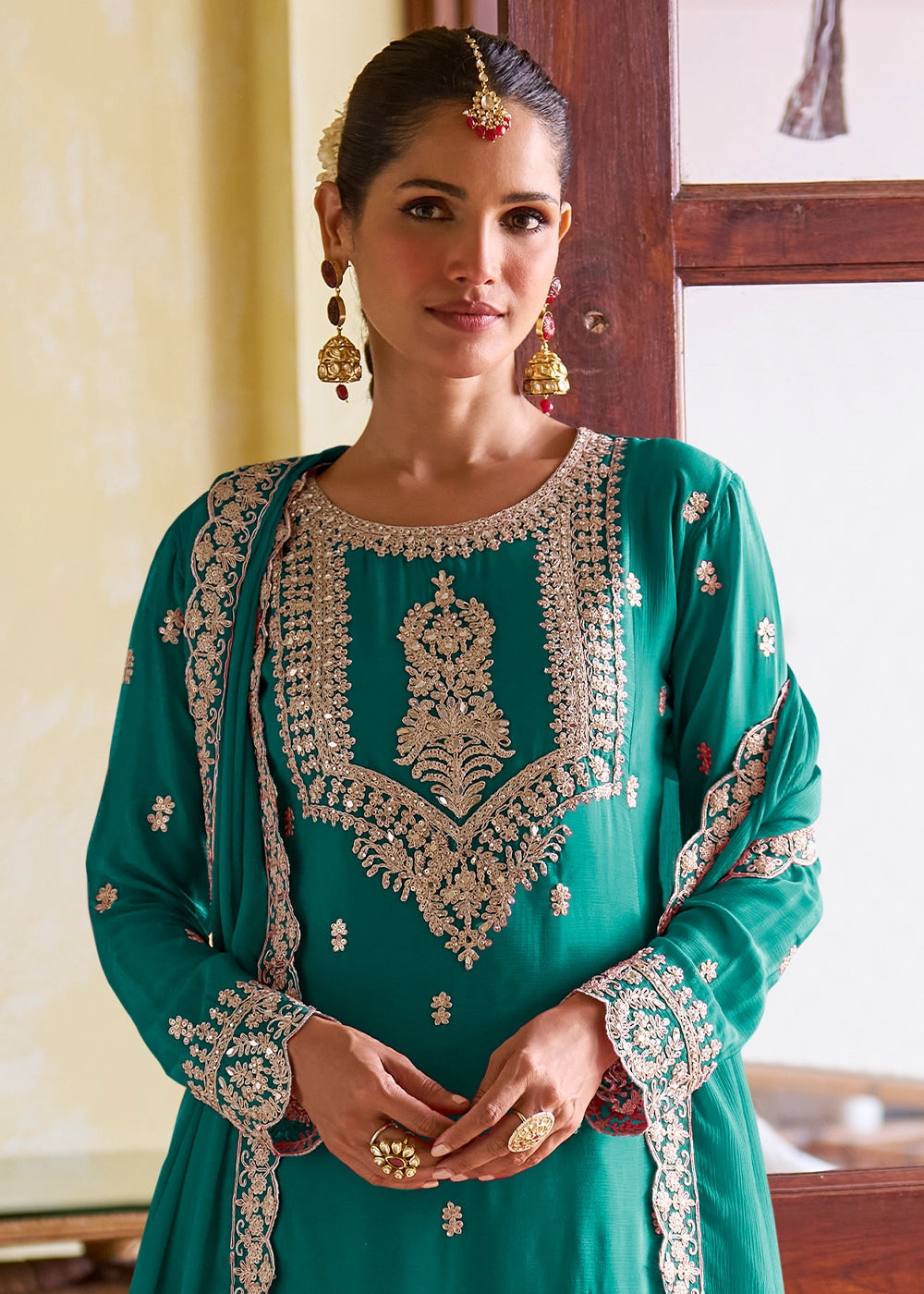 Tiffany Blue Designer Chinon Silk Embroidered Palazzo Suit