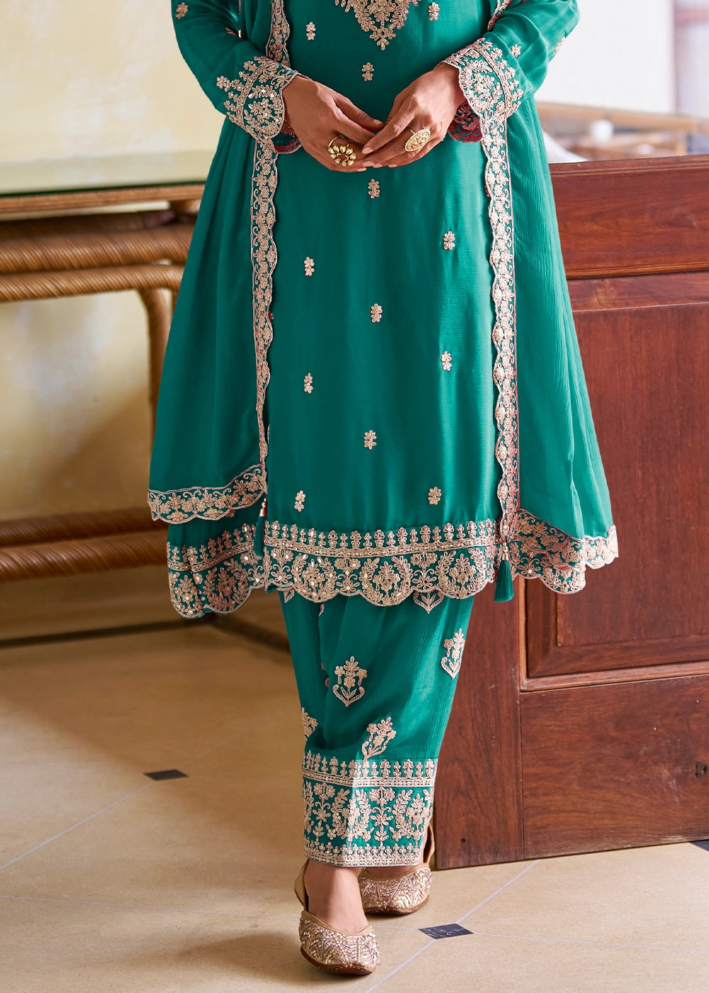 Tiffany Blue Designer Chinon Silk Embroidered Palazzo Suit
