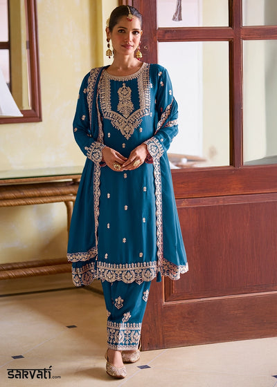 Cobalt Blue Designer Chinon Silk Embroidered Palazzo Suit