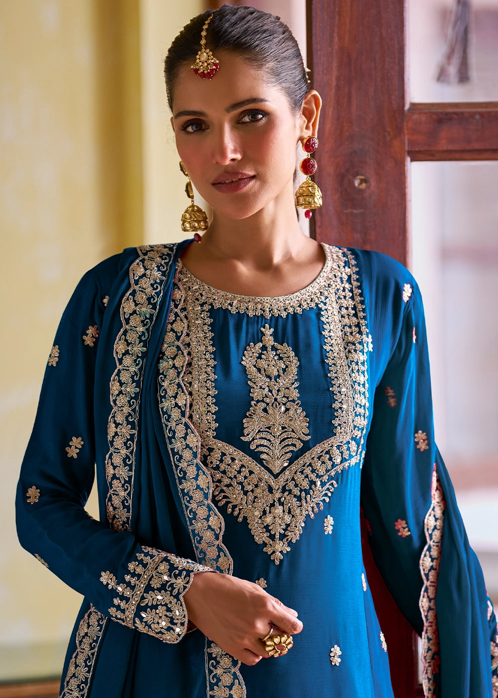 Cobalt Blue Designer Chinon Silk Embroidered Palazzo Suit