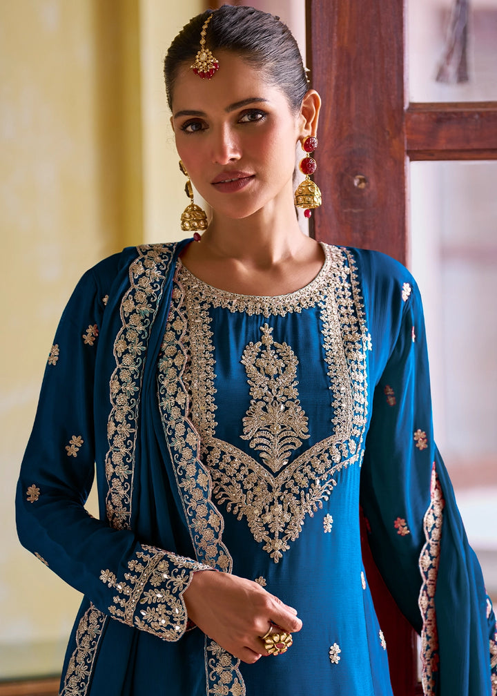 Cobalt Blue Designer Chinon Silk Embroidered Palazzo Suit