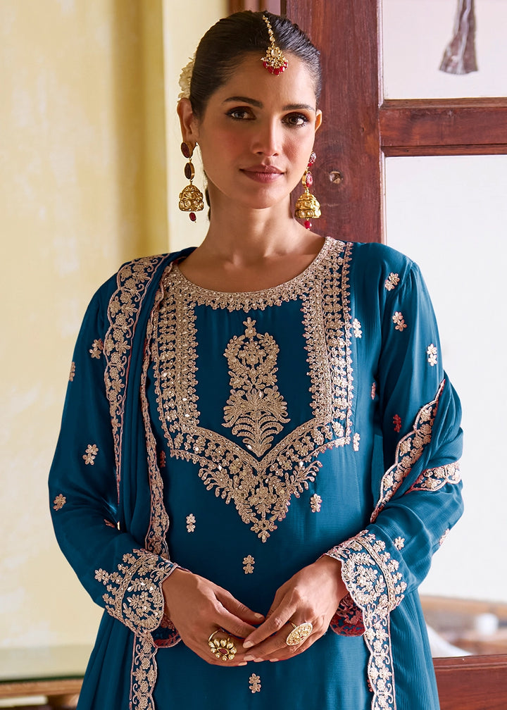 Cobalt Blue Designer Chinon Silk Embroidered Palazzo Suit