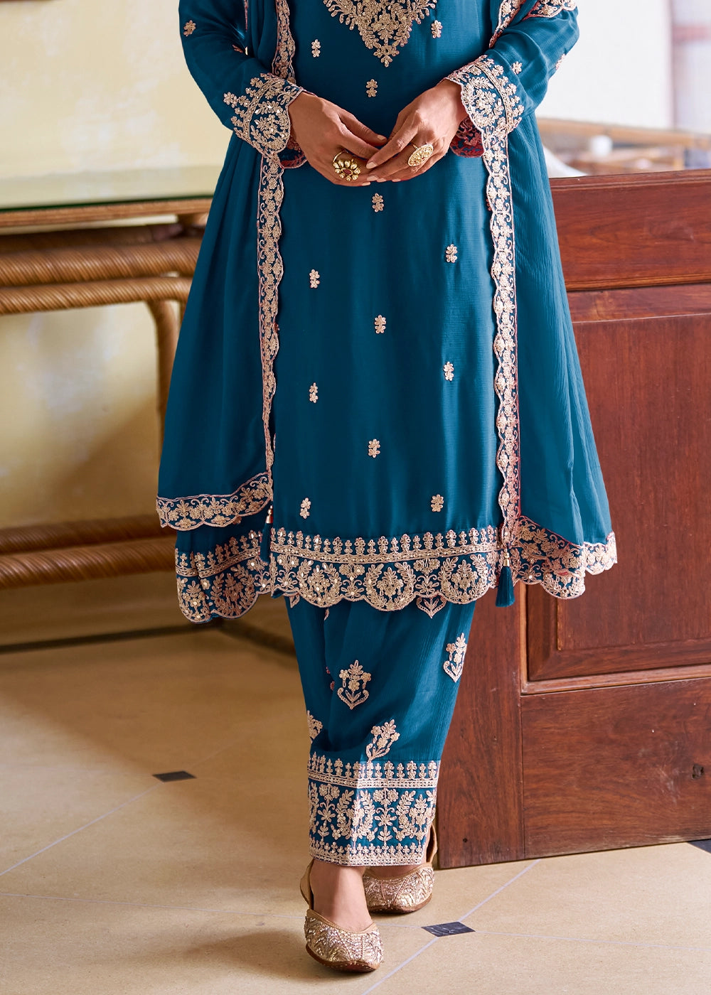 Cobalt Blue Designer Chinon Silk Embroidered Palazzo Suit