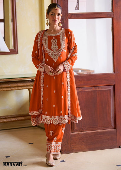 Lava Orange Designer Chinon Silk Embroidered Palazzo Suit
