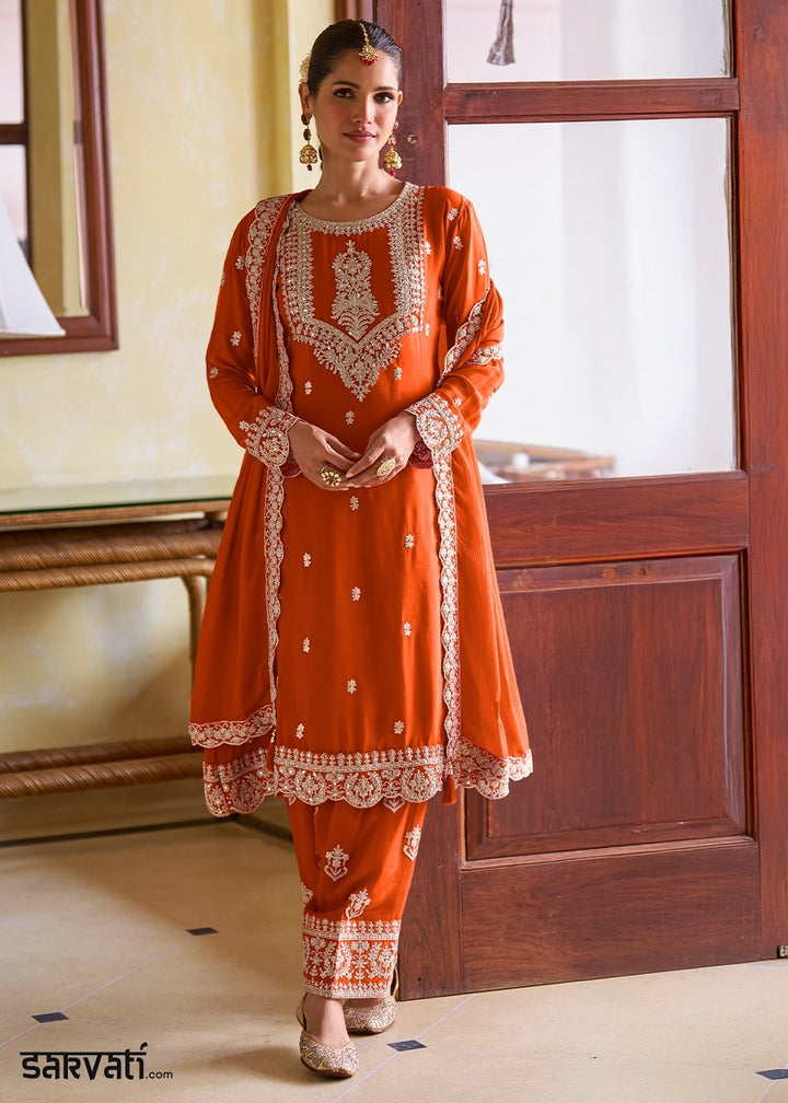 Lava Orange Designer Chinon Silk Embroidered Palazzo Suit