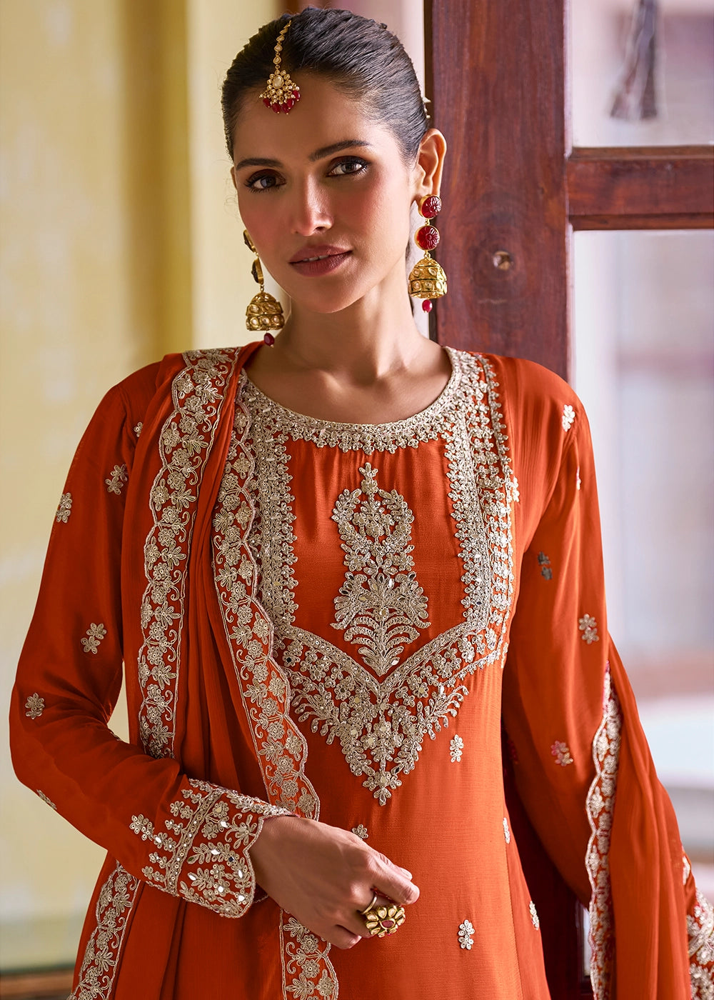 Lava Orange Designer Chinon Silk Embroidered Palazzo Suit