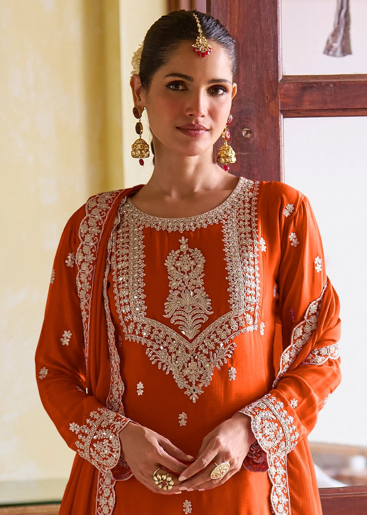 Lava Orange Designer Chinon Silk Embroidered Palazzo Suit