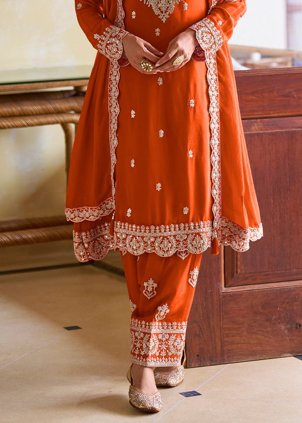 Lava Orange Designer Chinon Silk Embroidered Palazzo Suit