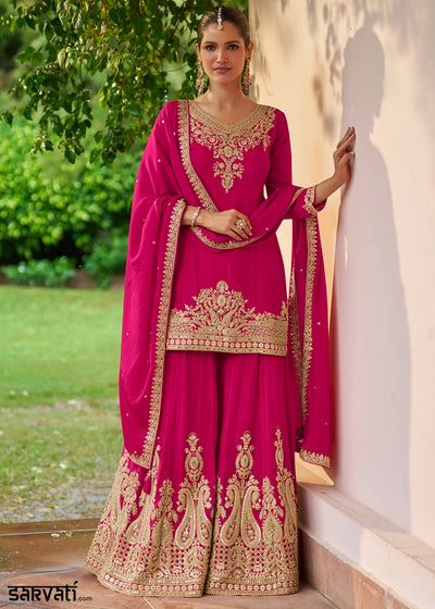 Hot Pink Chinon Silk Palazzo Suit with Embroidered Detailing