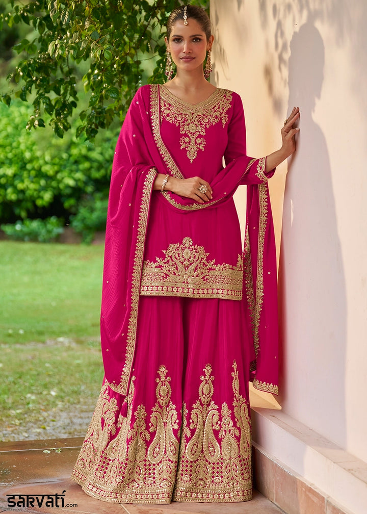 Hot Pink Chinon Silk Palazzo Suit with Embroidered Detailing