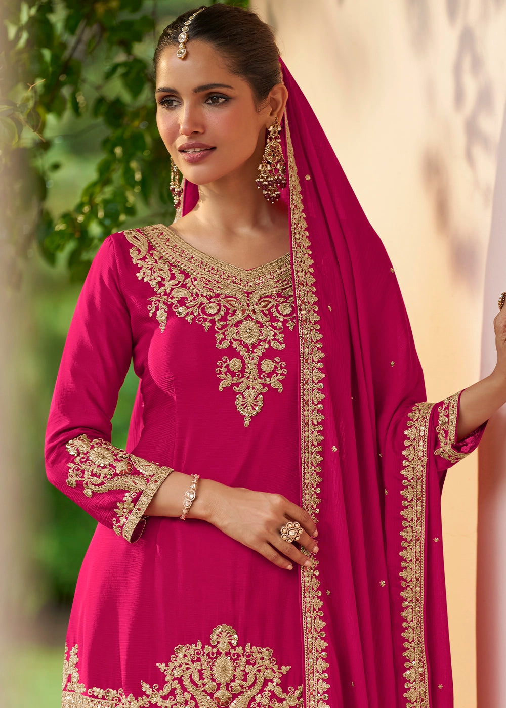 Hot Pink Chinon Silk Palazzo Suit with Embroidered Detailing