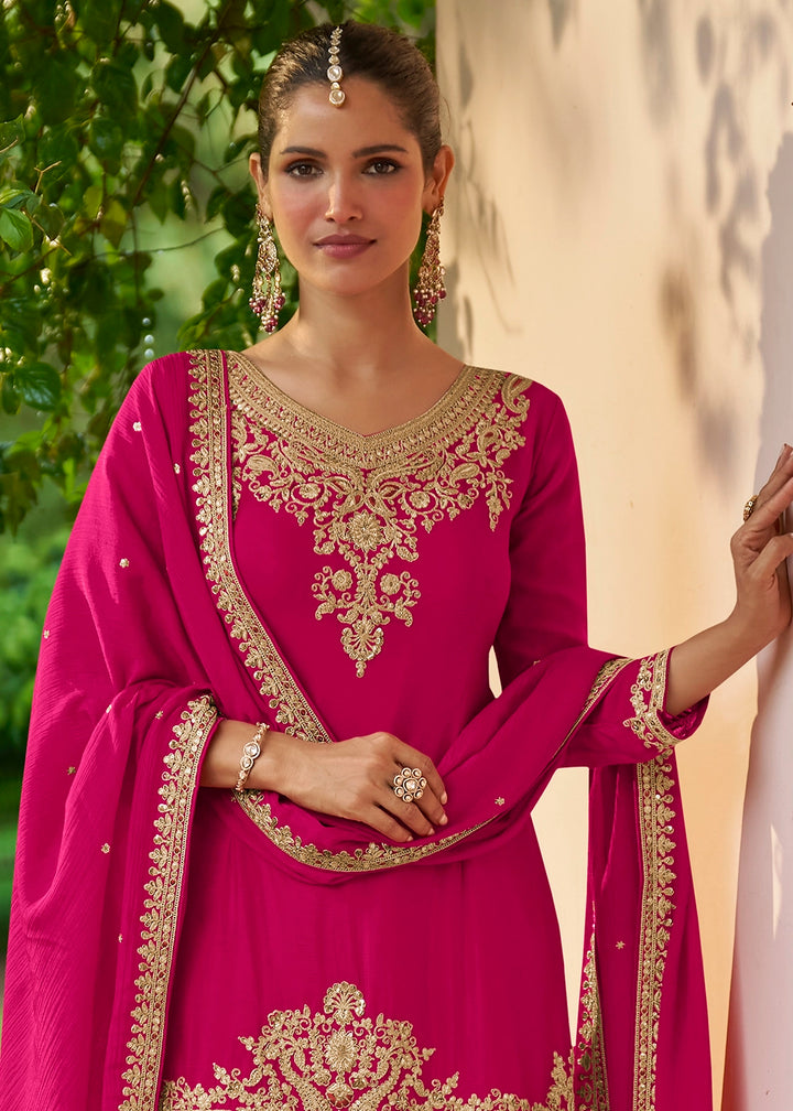 Hot Pink Chinon Silk Palazzo Suit with Embroidered Detailing