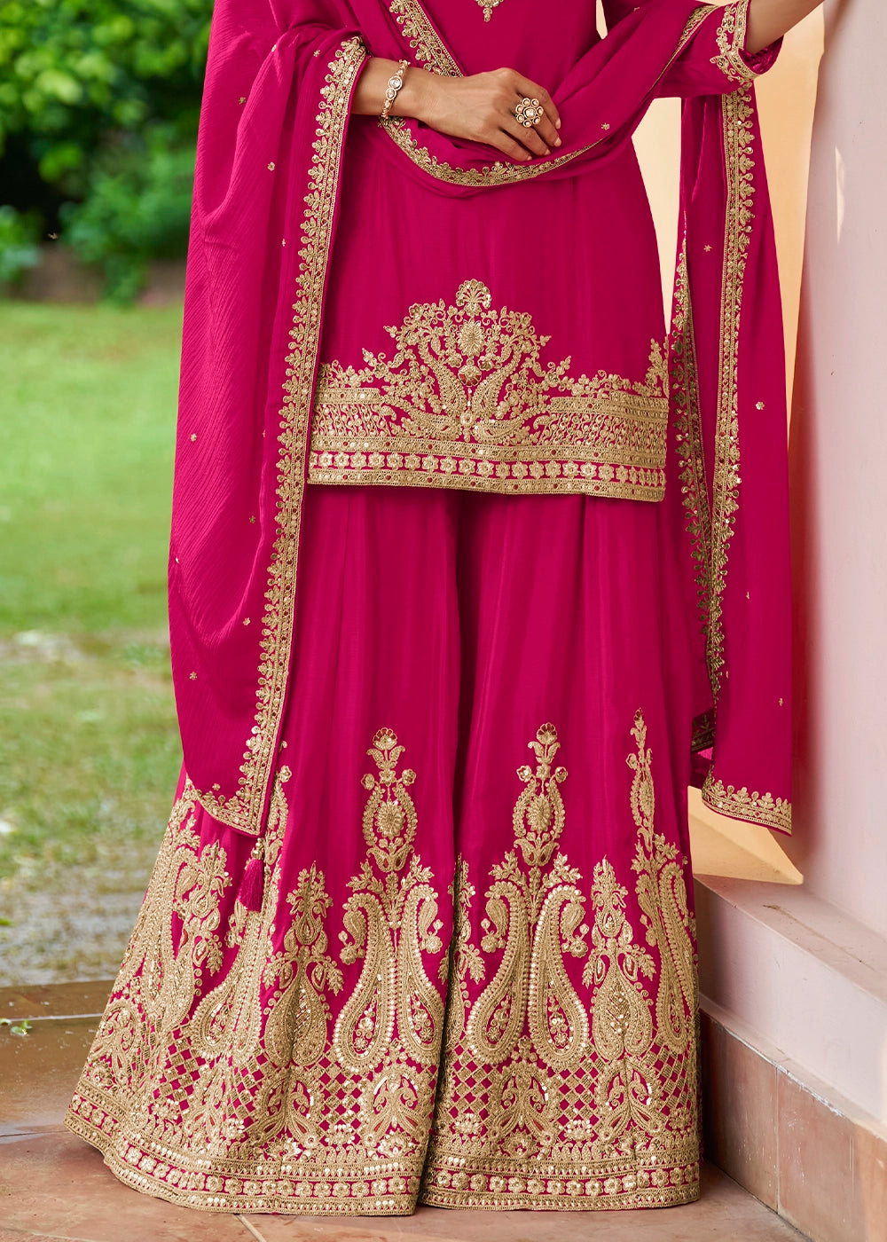 Hot Pink Chinon Silk Palazzo Suit with Embroidered Detailing