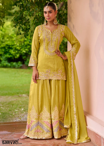 Greenish Yellow Chinon Silk Palazzo Suit with Embroidered Detailing