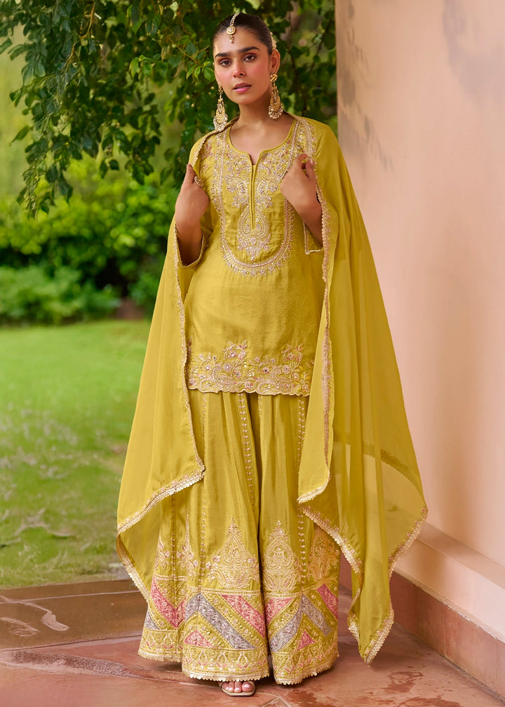 Greenish Yellow Chinon Silk Palazzo Suit with Embroidered Detailing