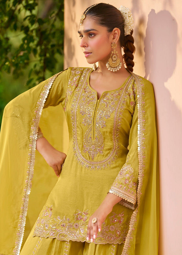 Greenish Yellow Chinon Silk Palazzo Suit with Embroidered Detailing