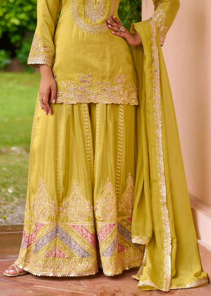 Greenish Yellow Chinon Silk Palazzo Suit with Embroidered Detailing