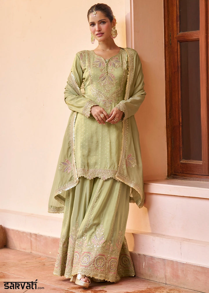 Tea Green Chinon Silk Palazzo Suit with Embroidered Detailing