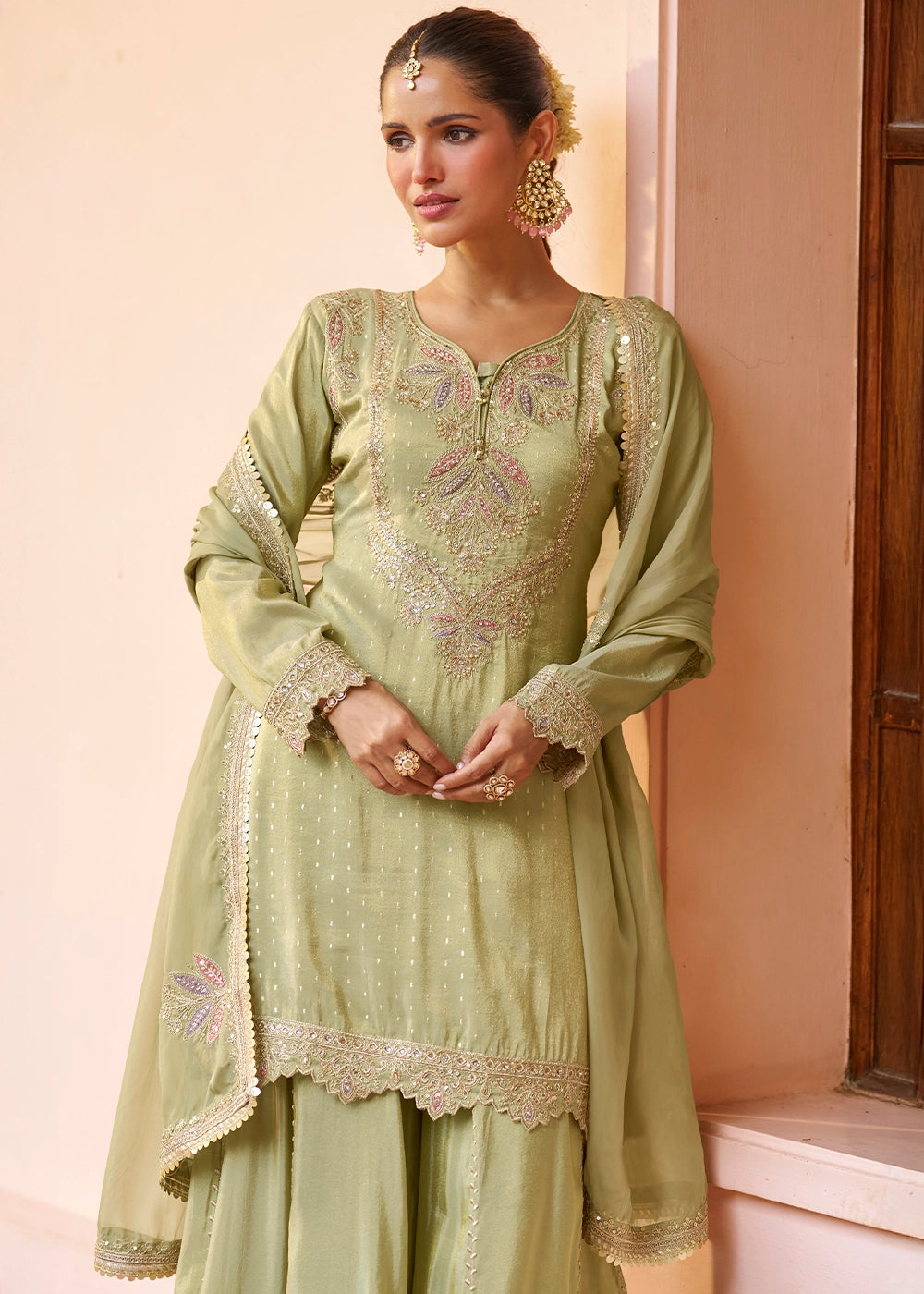 Tea Green Chinon Silk Palazzo Suit with Embroidered Detailing