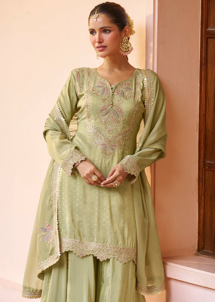 Tea Green Chinon Silk Palazzo Suit with Embroidered Detailing