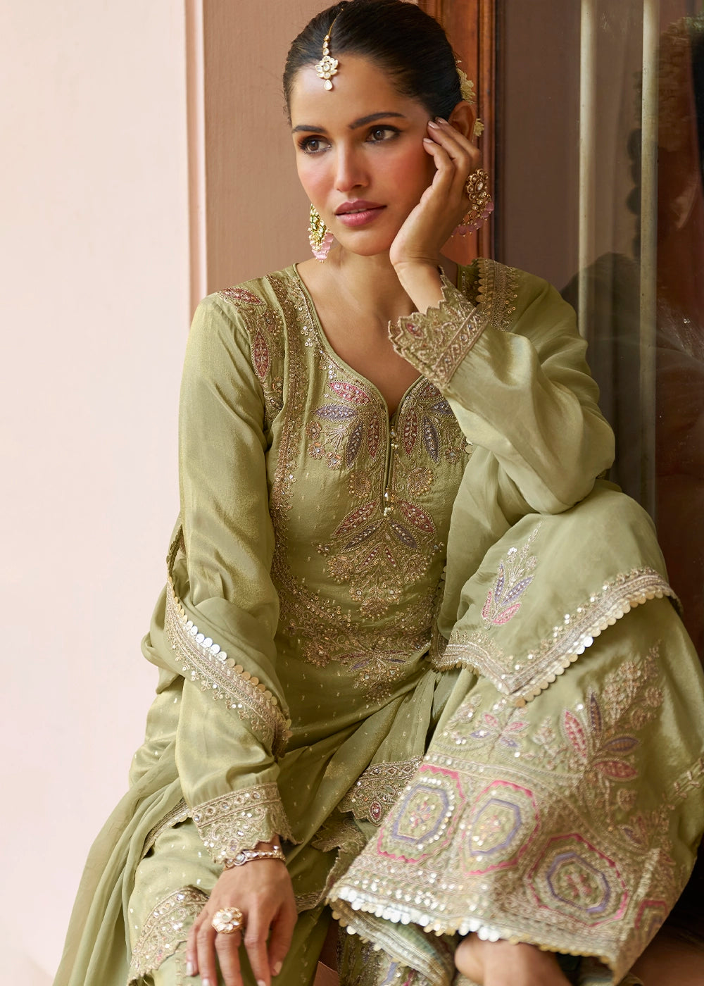 Tea Green Chinon Silk Palazzo Suit with Embroidered Detailing