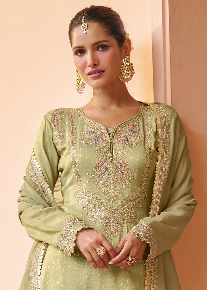 Tea Green Chinon Silk Palazzo Suit with Embroidered Detailing