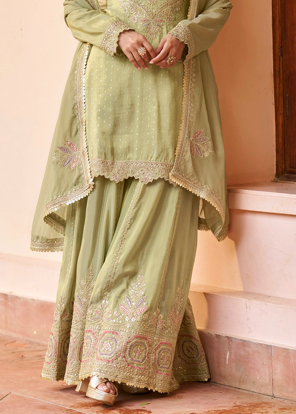 Tea Green Chinon Silk Palazzo Suit with Embroidered Detailing