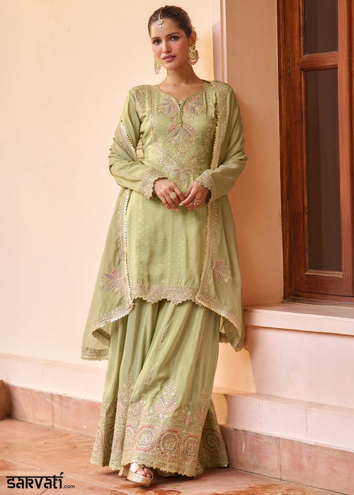 Tea Green Chinon Silk Palazzo Suit with Embroidered Detailing