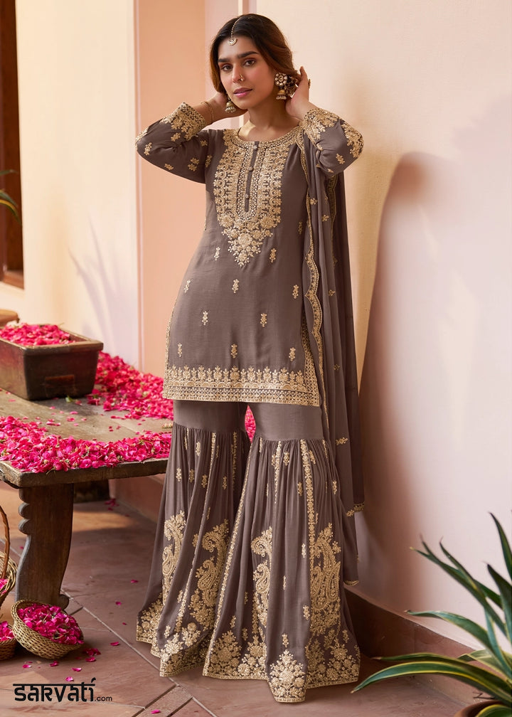 Ash Grey Chinon Silk Gharara Suit with Intricate Embellishments