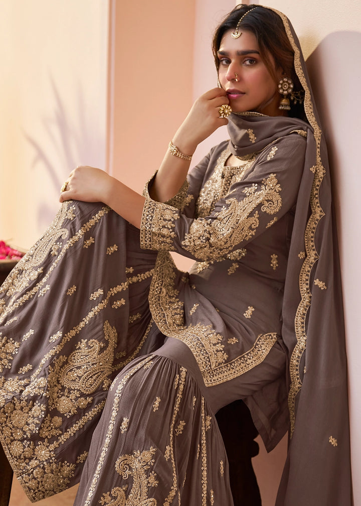 Ash Grey Chinon Silk Gharara Suit with Intricate Embellishments