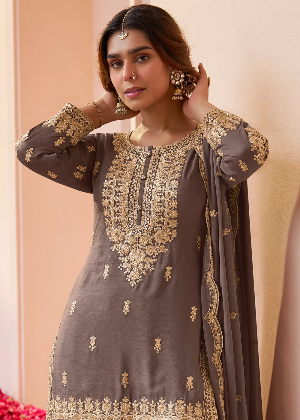 Ash Grey Chinon Silk Gharara Suit with Intricate Embellishments