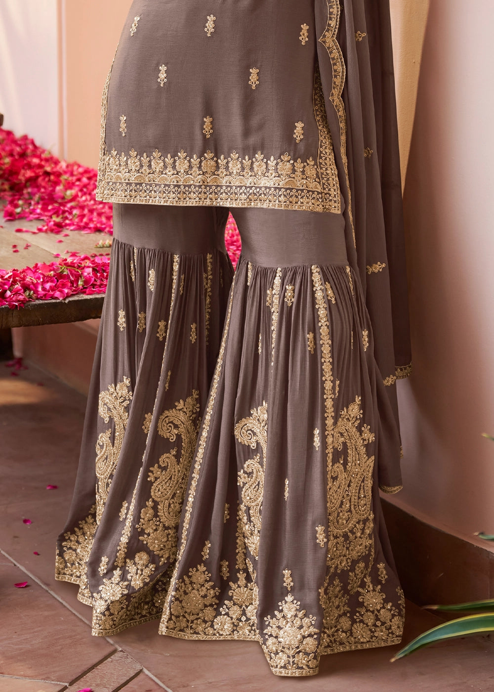 Ash Grey Chinon Silk Gharara Suit with Intricate Embellishments