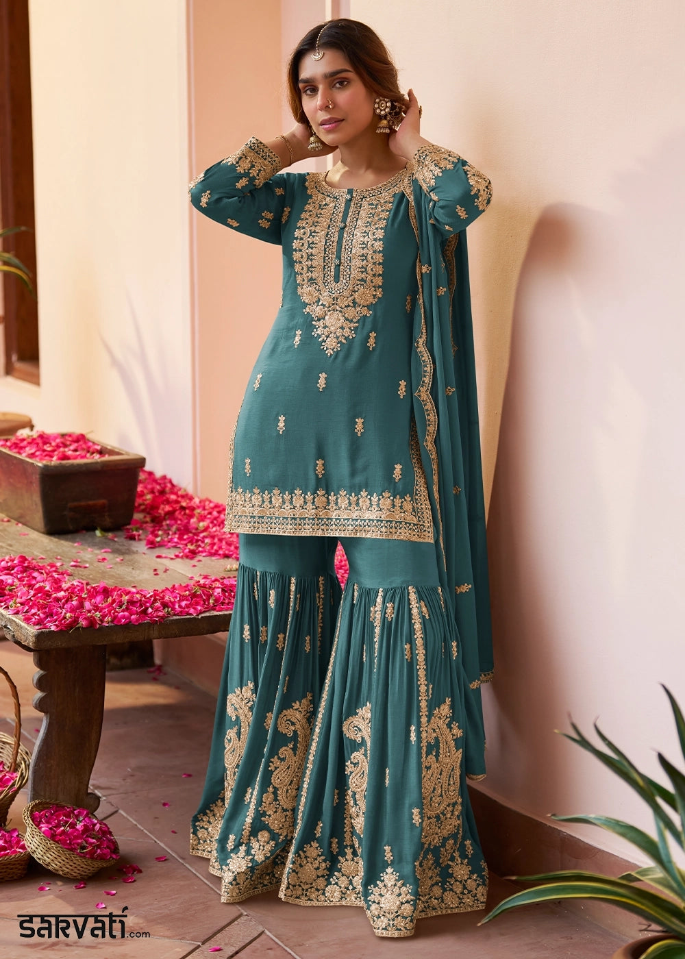 Bondi Blue Chinon Silk Gharara Suit with Intricate Embellishments