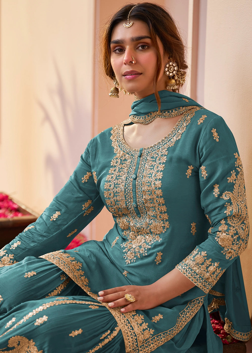 Bondi Blue Chinon Silk Gharara Suit with Intricate Embellishments
