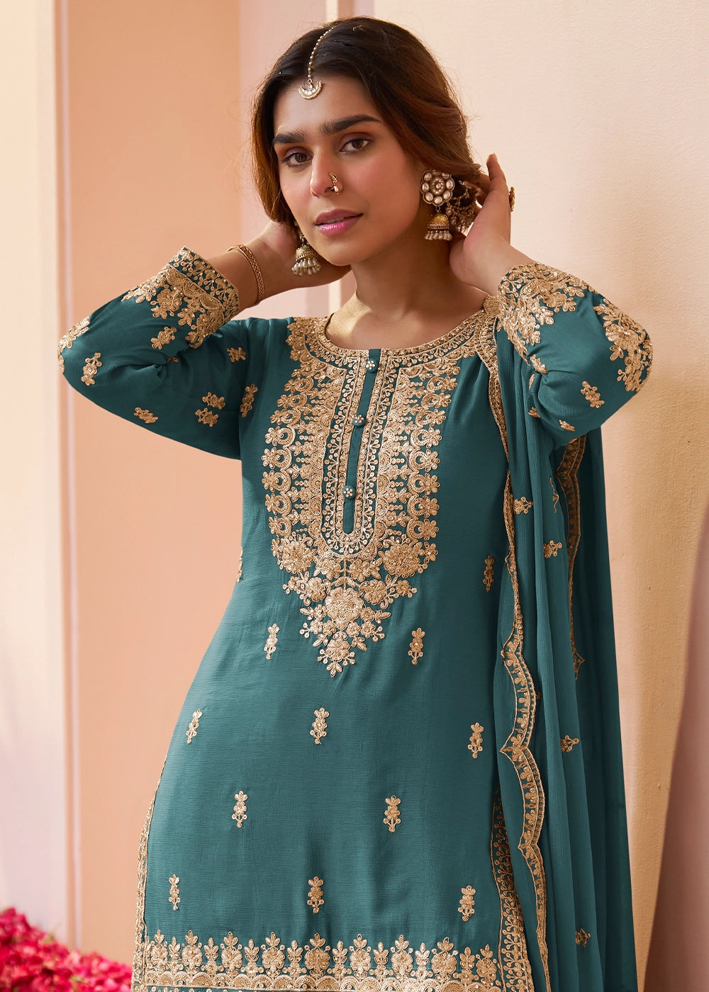 Bondi Blue Chinon Silk Gharara Suit with Intricate Embellishments