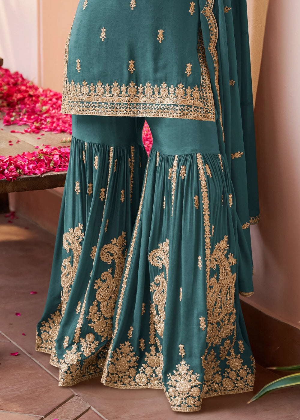 Bondi Blue Chinon Silk Gharara Suit with Intricate Embellishments