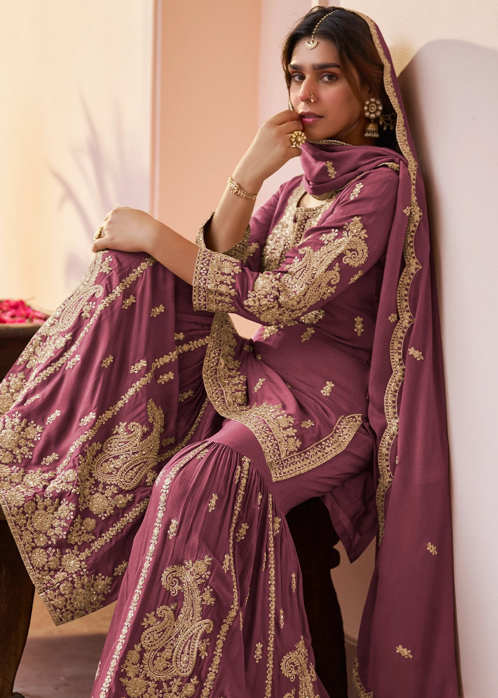 Pearly Purple Chinon Silk Gharara Suit with Intricate Embellishments