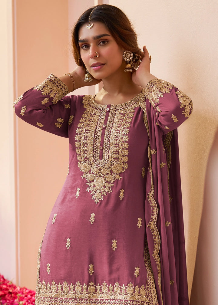 Pearly Purple Chinon Silk Gharara Suit with Intricate Embellishments