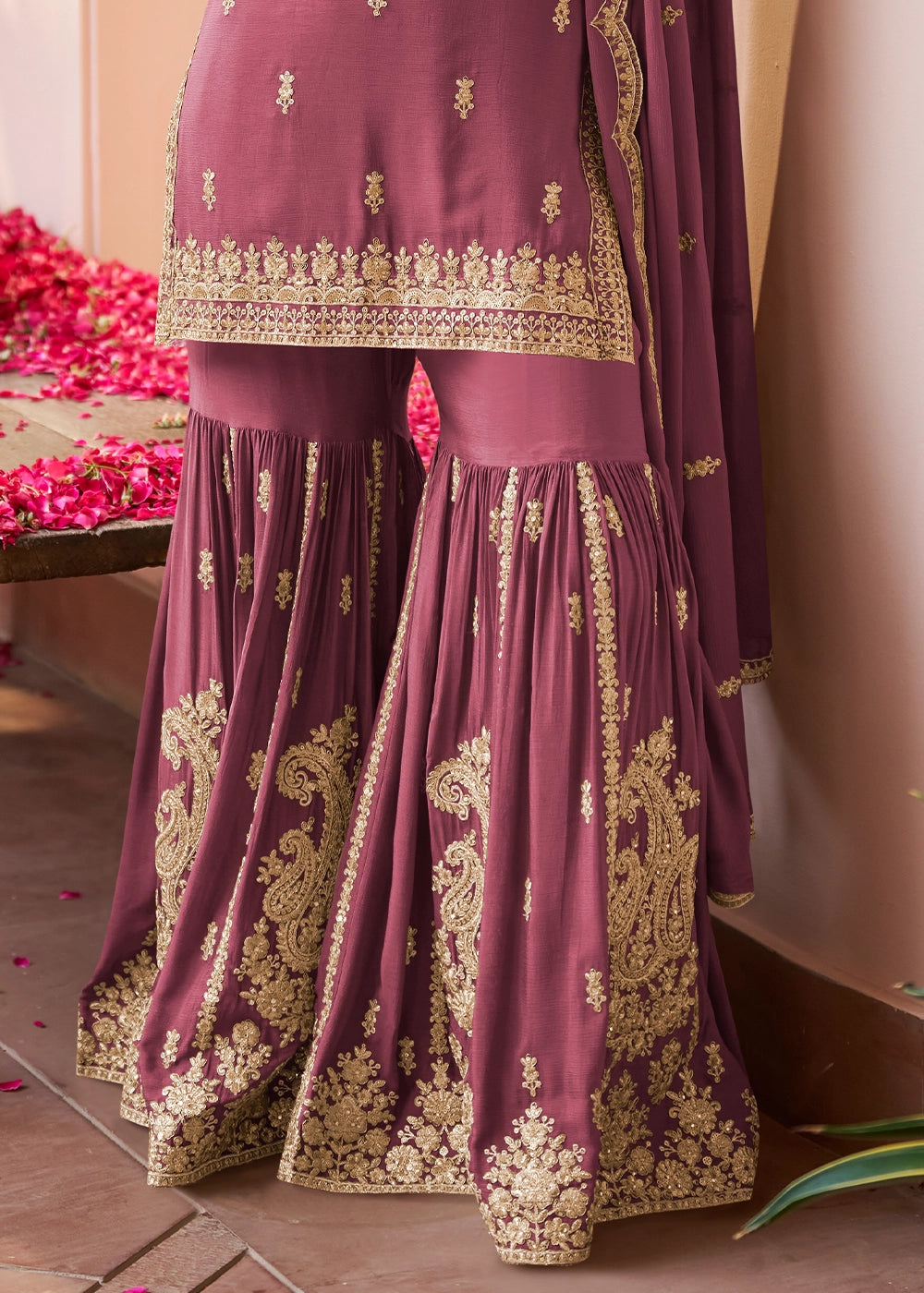 Pearly Purple Chinon Silk Gharara Suit with Intricate Embellishments